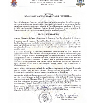 Dom Nélio Domingos Zortea, Bispo Diocesano, nomeou o Pe. Silvio Mazzarolo como Assessor Diocesano da Pastoral Presbiteral da Diocese de Cruz Alta