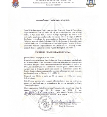 Dom Nélio Domingos Zortea, Bispo Diocesano, concedeu Uso de Ordens e nomeou Frei Igor Colares Raupp, OFMCap, como Vigário Paroquial da Paróquia Nossa Senhora da Soledade, em Soledade.